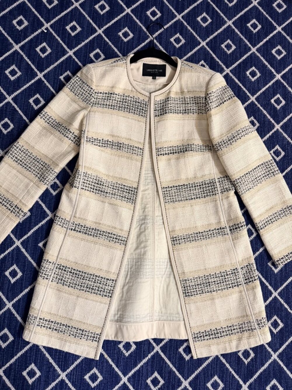 Lafayette 148 New York Pria Jacket Sz 2 Cream Tweed Stripe Topper Beaded Trim
